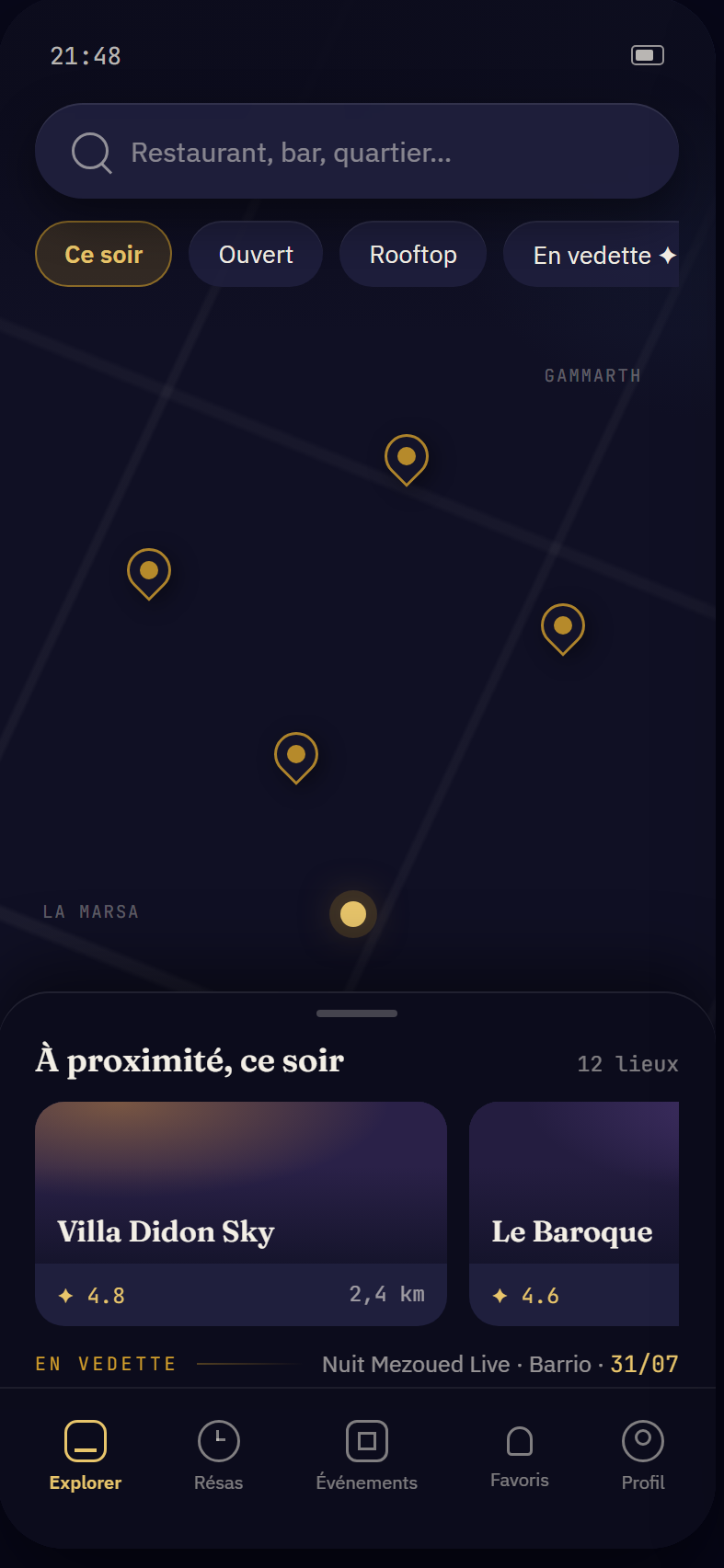 Écran d’accueil de Reservi : la carte des restaurants, bars et lounges autour de vous